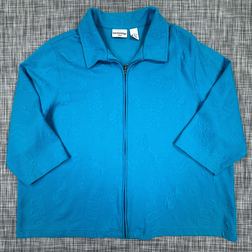 Breckenridge Women's 3X Blue Embossed Fish Butterfly Zip Front Top Plus